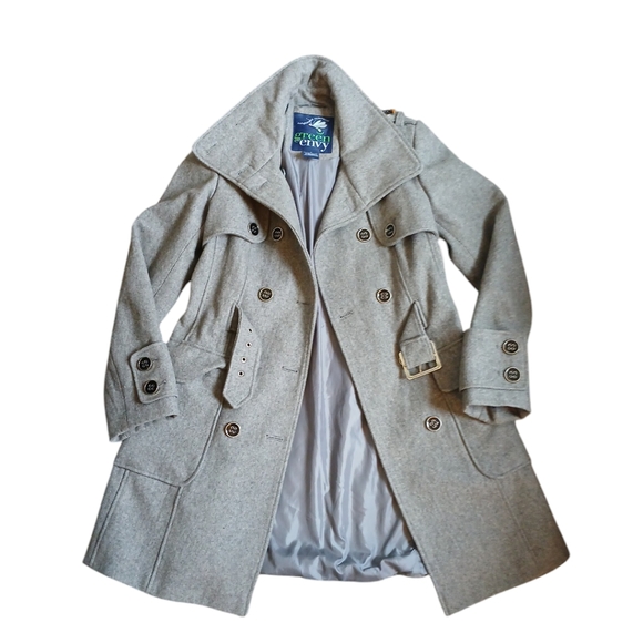Green with Envy Gray Double Breasted Pea Coat Women's Belted Wool Jacket Small - Picture 11 of 11